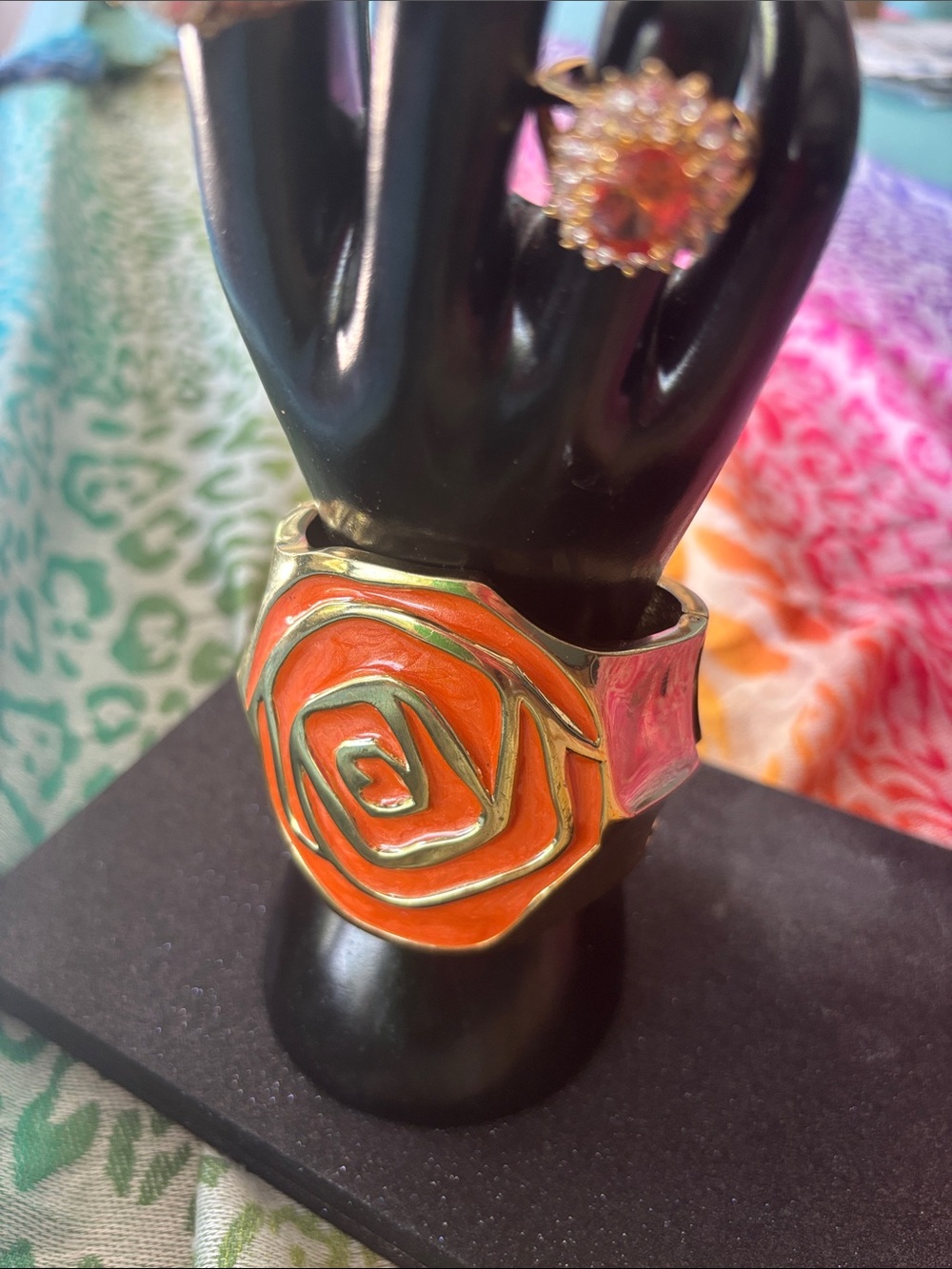 Orange Enamel Rose Cuff statement Bracelet